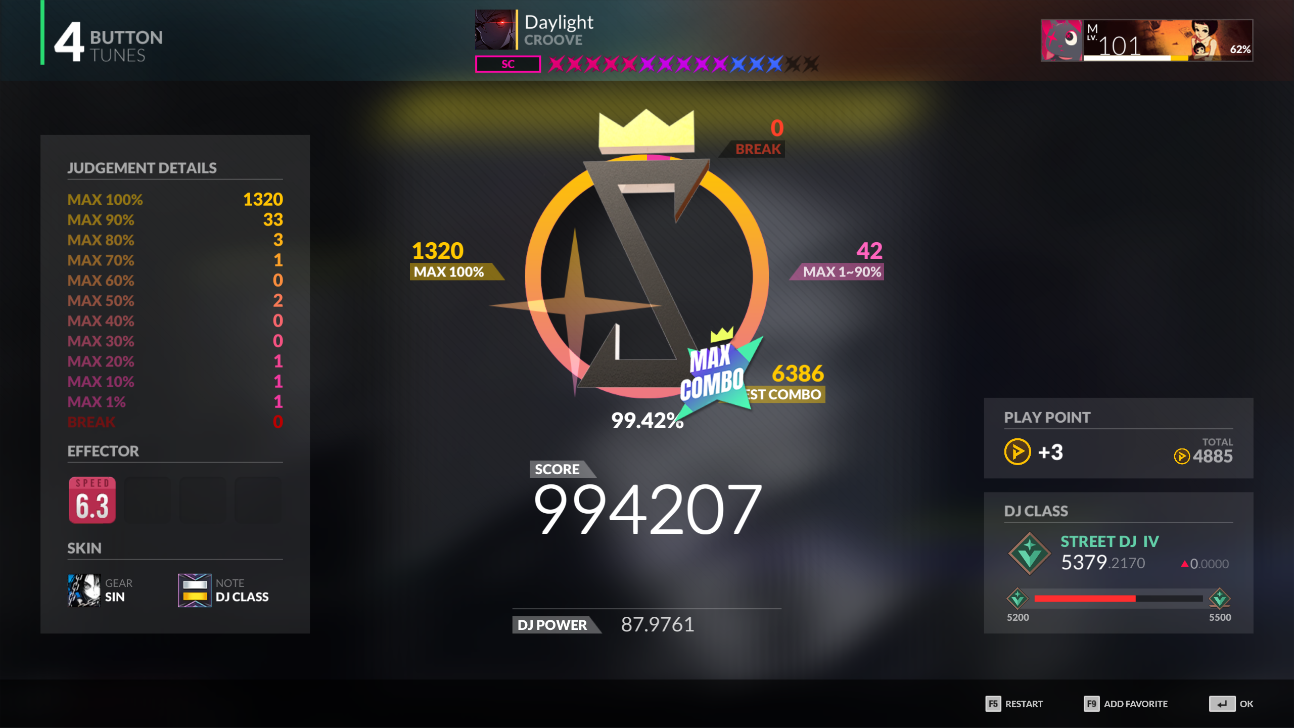 A score screen from DJMAX RESPECT V showing a Max Combo on DAYLIGHT 4B SC with 99.42% rate