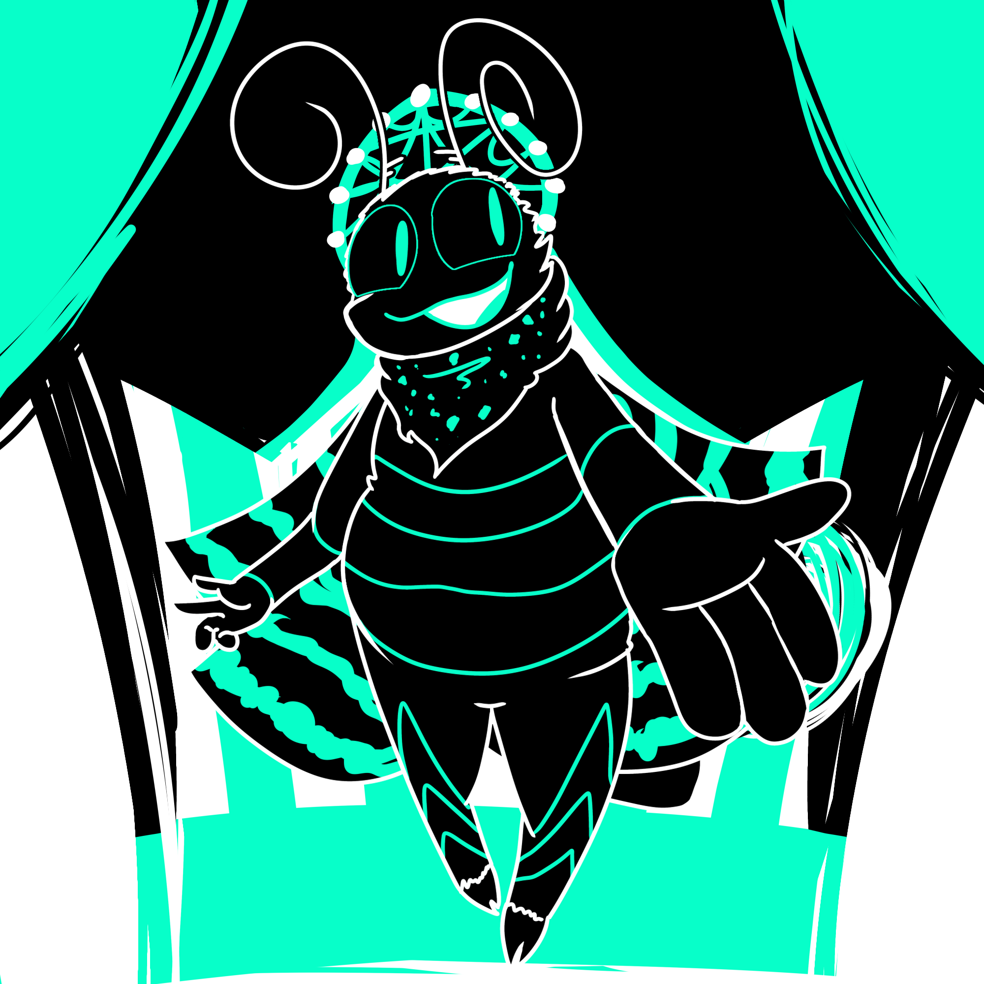 The Conelab render of my sona, Mono, depicted in the style of PRIZM, made by XQwizzie. An anthropomorphic fat moth (made out of cake) with two sets of wings behind him and a seemingly chitinous leg structure. He has large antennas and a detailed halo behind his head. He is floating in front of a circus tent and curtains, a hand outstretched to the viewer.